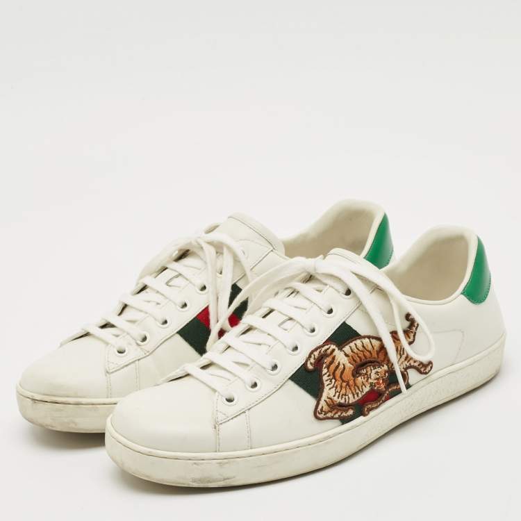 Pre Owned Gucci White Leather Ace Lace Up Sneakers Size 41.5