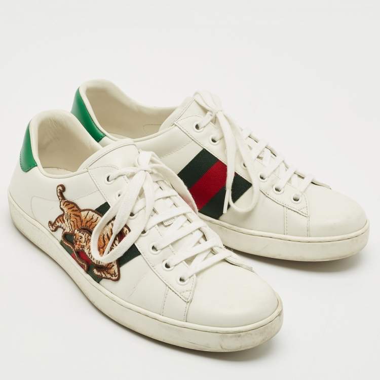 Pre Owned Gucci White Leather Ace Lace Up Sneakers Size 41.5