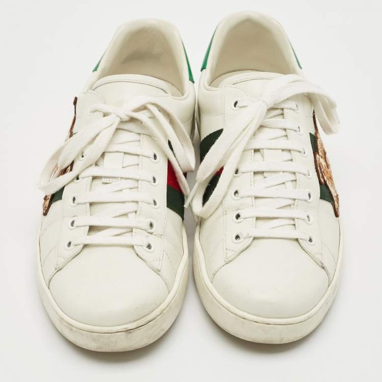 Pre Owned Gucci White Leather Ace Lace Up Sneakers Size 41.5