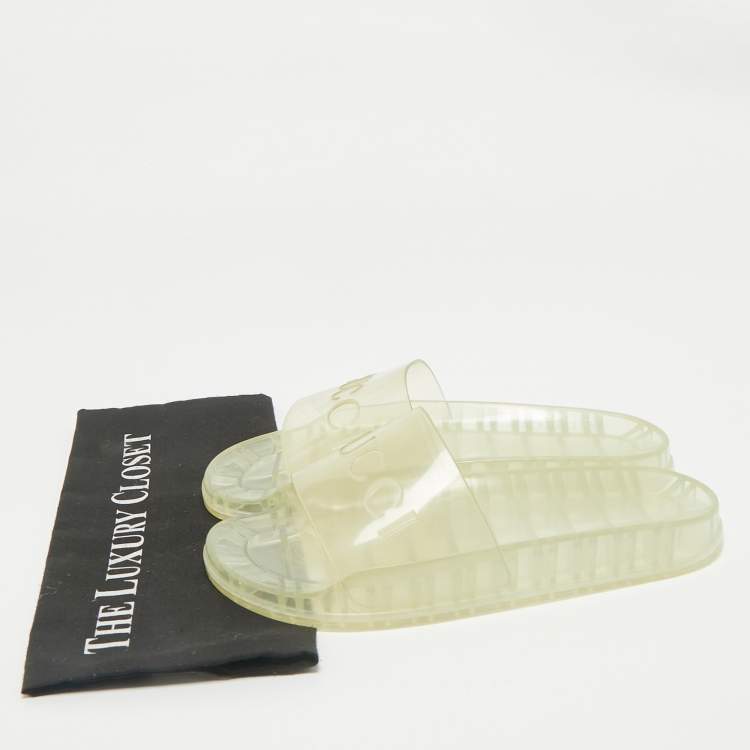 Pre Owned Gucci Transparent Rubber Logo Slide Flat Sandals Size 42