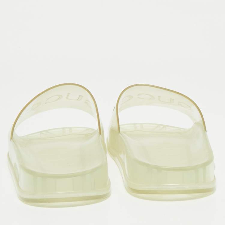 Pre Owned Gucci Transparent Rubber Logo Slide Flat Sandals Size 42