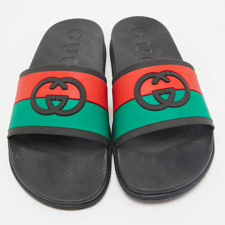 Pre Owned Gucci Multicolor Rubber Web Interlocking G Flat Pool Slides Size 42