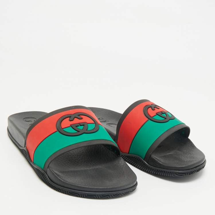 Pre Owned Gucci Multicolor Rubber Web Interlocking G Flat Pool Slides Size 42