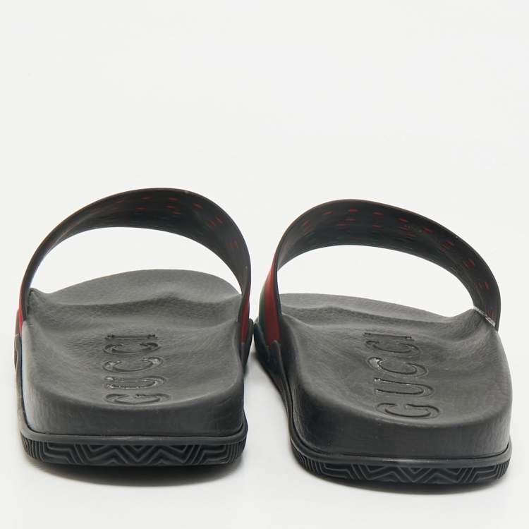 Pre Owned Gucci Multicolor Rubber Web Interlocking G Flat Pool Slides Size 42