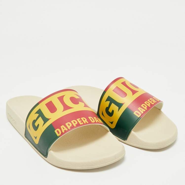 Pre Owned Gucci Cream Rubber Dapper Dan Pool Flat Slides Size 42