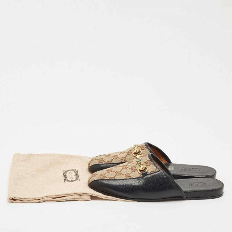 Pre Owned Gucci Black/Beige GG Supreme Canvas and Leather Princetown Mules Size 42.5