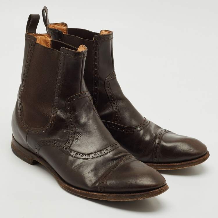Pre Owned Gucci Brown Leather and Elastic Ankle Boots Size 43.5