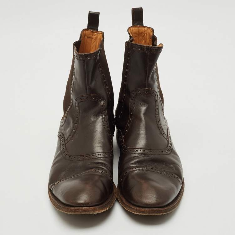 Pre Owned Gucci Brown Leather and Elastic Ankle Boots Size 43.5