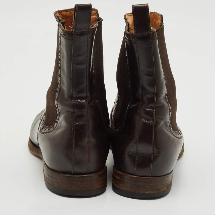 Pre Owned Gucci Brown Leather and Elastic Ankle Boots Size 43.5