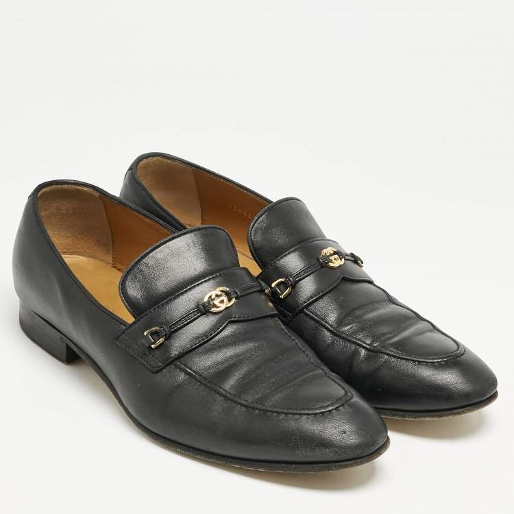 Pre Owned Gucci Black Leather Interlocking G Loafers Size 44