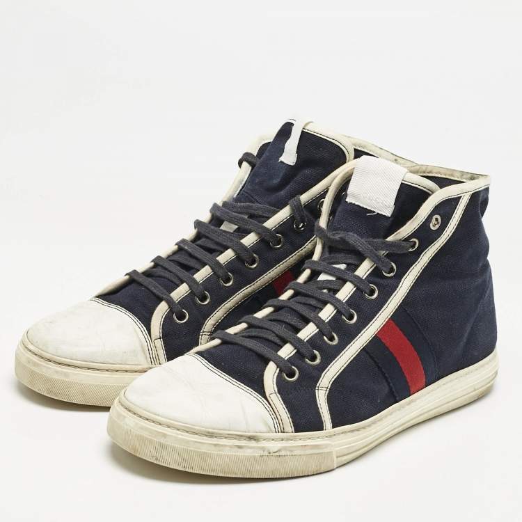 Pre Owned Gucci Navy Blue/White Canvas and Leather Web Detail High Top Sneakers Size 43
