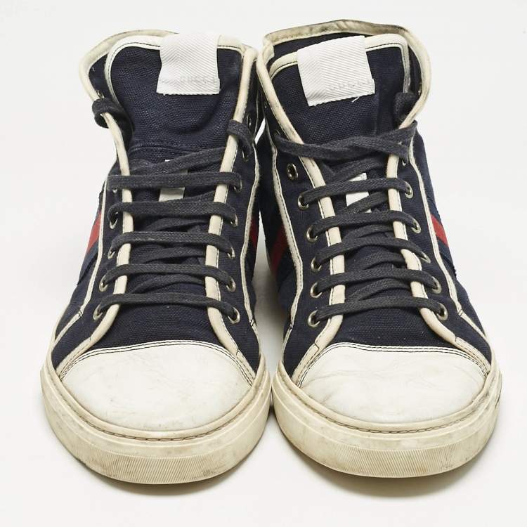 Pre Owned Gucci Navy Blue/White Canvas and Leather Web Detail High Top Sneakers Size 43