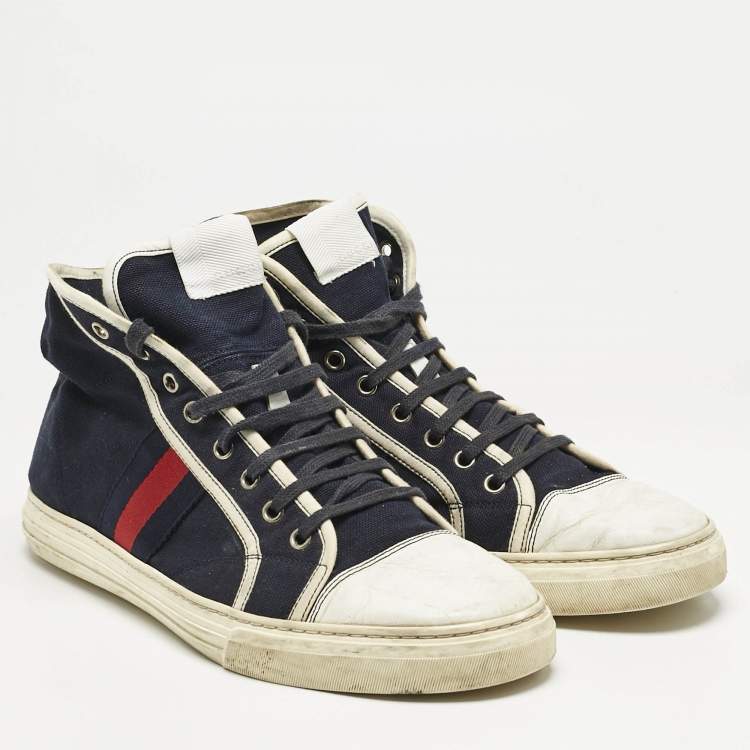 Pre Owned Gucci Navy Blue/White Canvas and Leather Web Detail High Top Sneakers Size 43