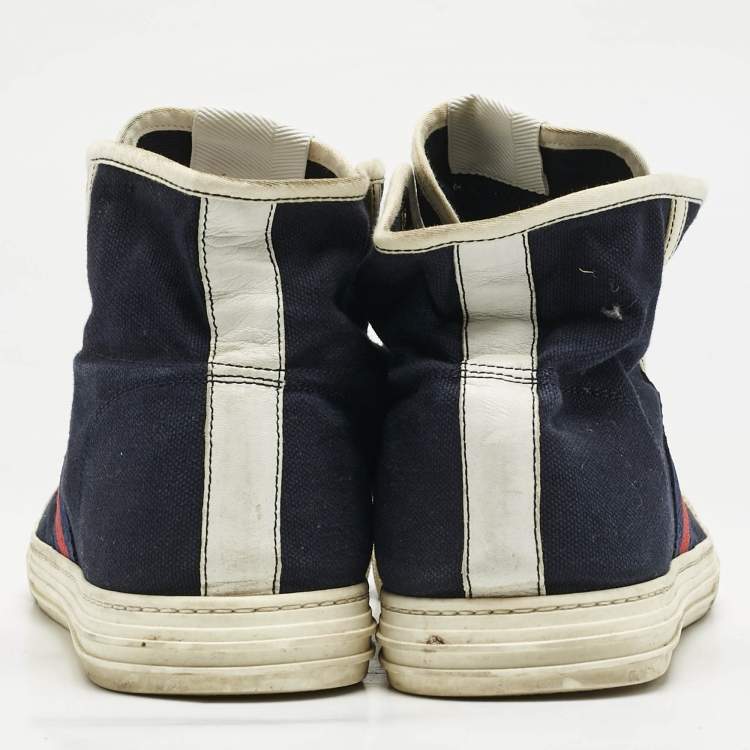 Pre Owned Gucci Navy Blue/White Canvas and Leather Web Detail High Top Sneakers Size 43