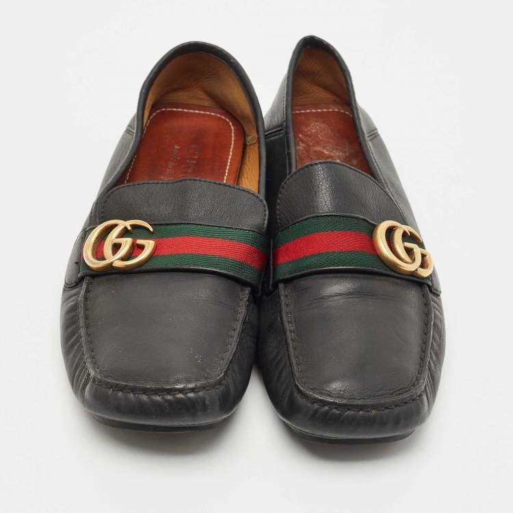 Pre Owned Gucci Brown Leather GG Web Penny Loafers Size 43.5