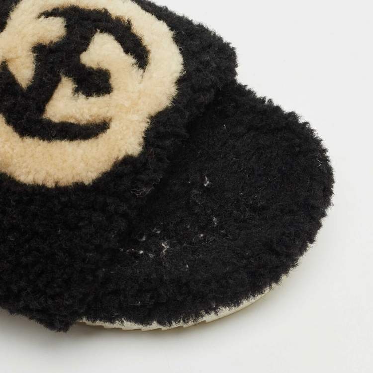 Pre Owned Gucci Black Shearling GG Flat Slides Size 42