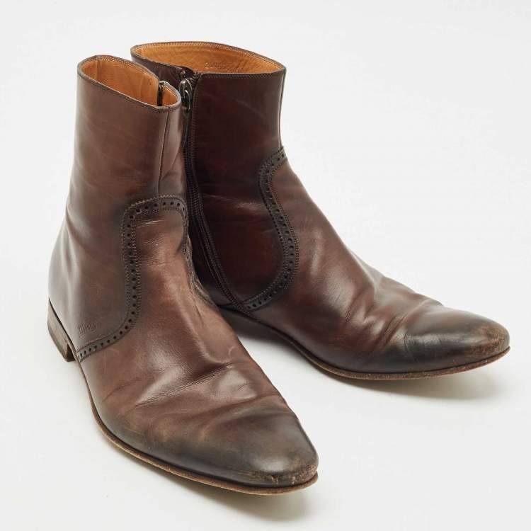 Pre Owned Gucci Brown Brogue Leather Zip Ankle Length Boots Size 43