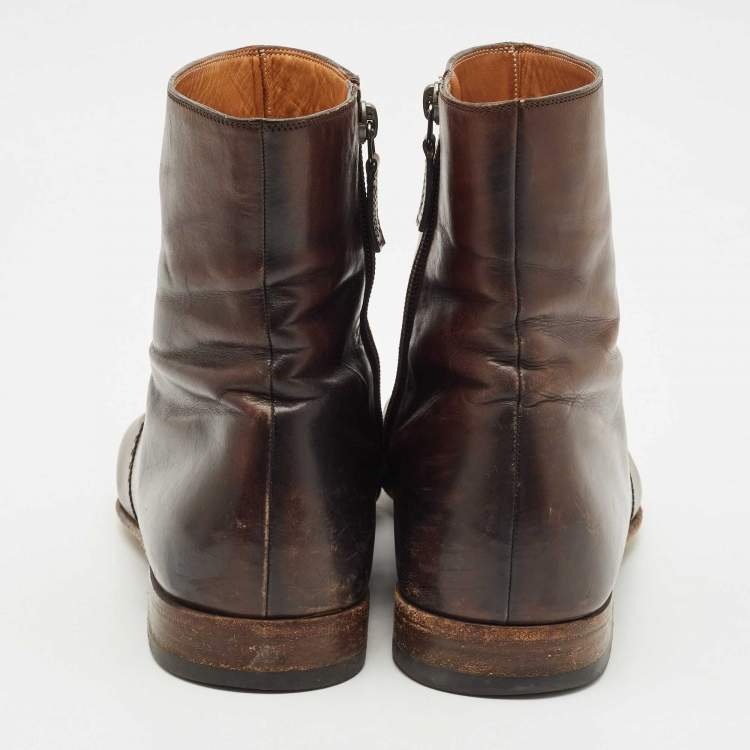 Pre Owned Gucci Brown Brogue Leather Zip Ankle Length Boots Size 43