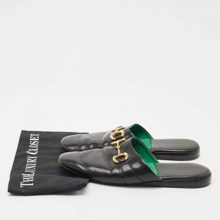 Pre Owned Gucci Black Leather Horsebit Flat Slides Size 41