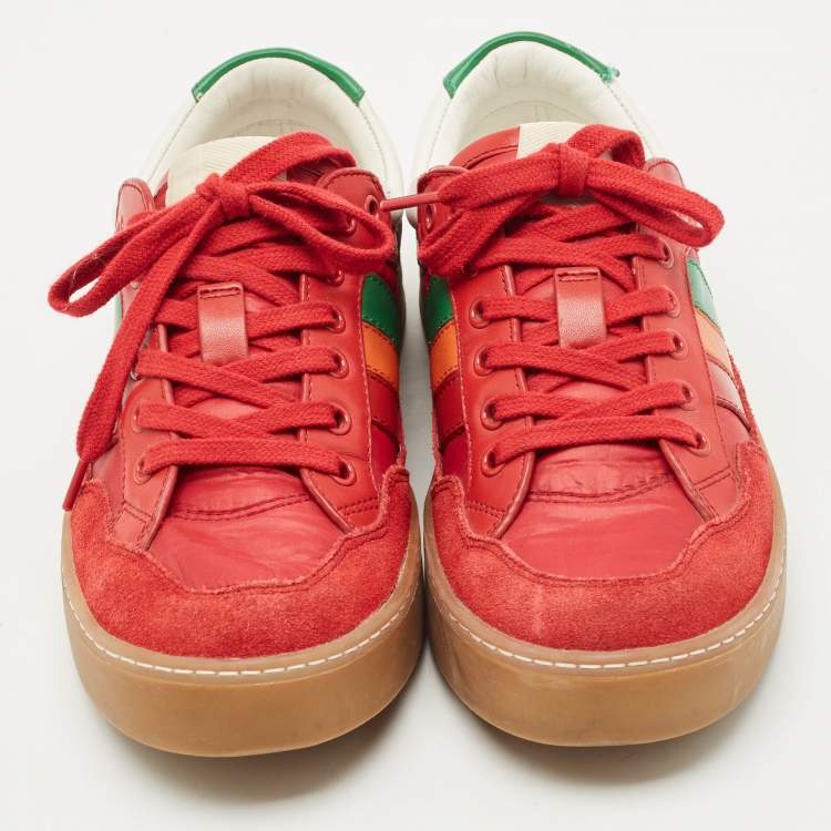 Pre Owned Gucci Red Leather and Nylon SS Stripe Lace Up Sneakers Size 38.5