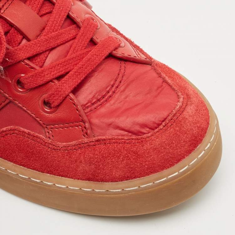 Pre Owned Gucci Red Leather and Nylon SS Stripe Lace Up Sneakers Size 38.5