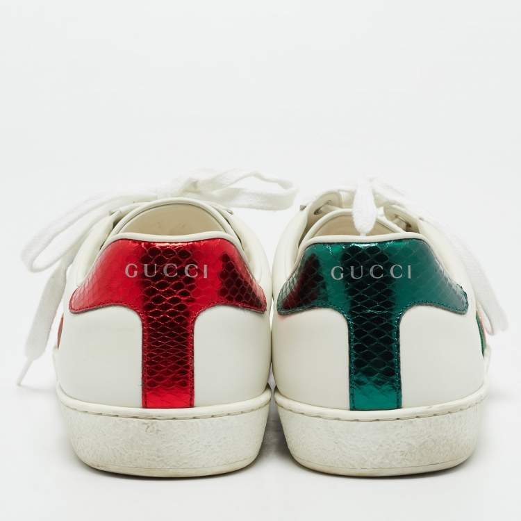 Pre Owned Gucci White Leather Embroidered Bee Web Ace Low Top Sneakers Size 41.5