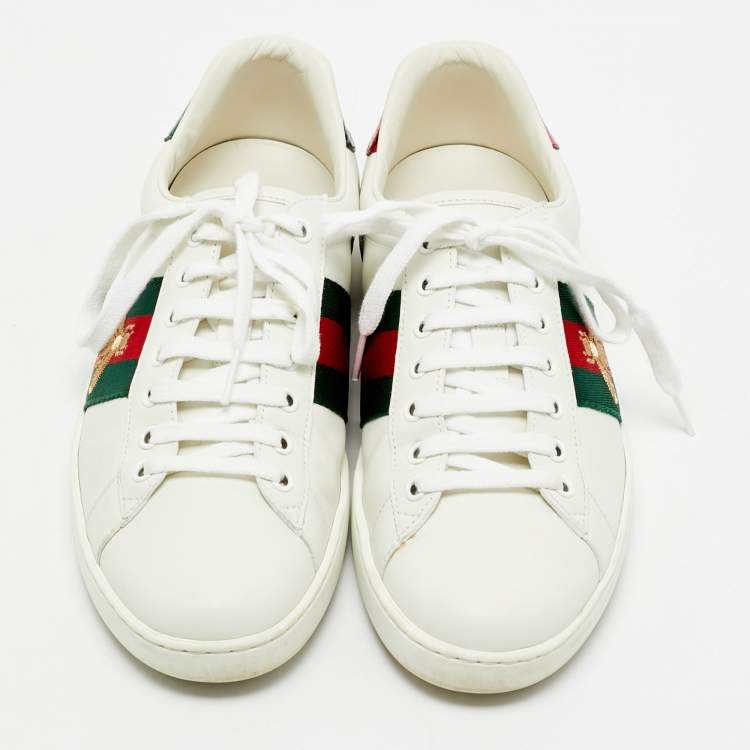 Pre Owned Gucci White Leather Embroidered Bee Web Ace Low Top Sneakers Size 41.5