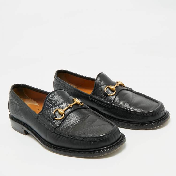 Pre Owned Gucci Black Leather Horsebit Slip On Loafers Size 43