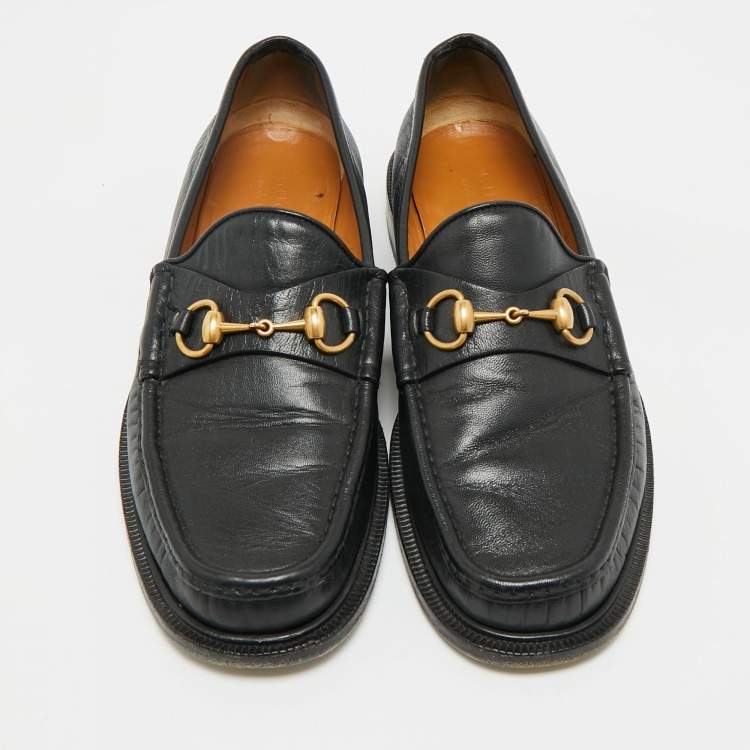 Pre Owned Gucci Black Leather Horsebit Slip On Loafers Size 43