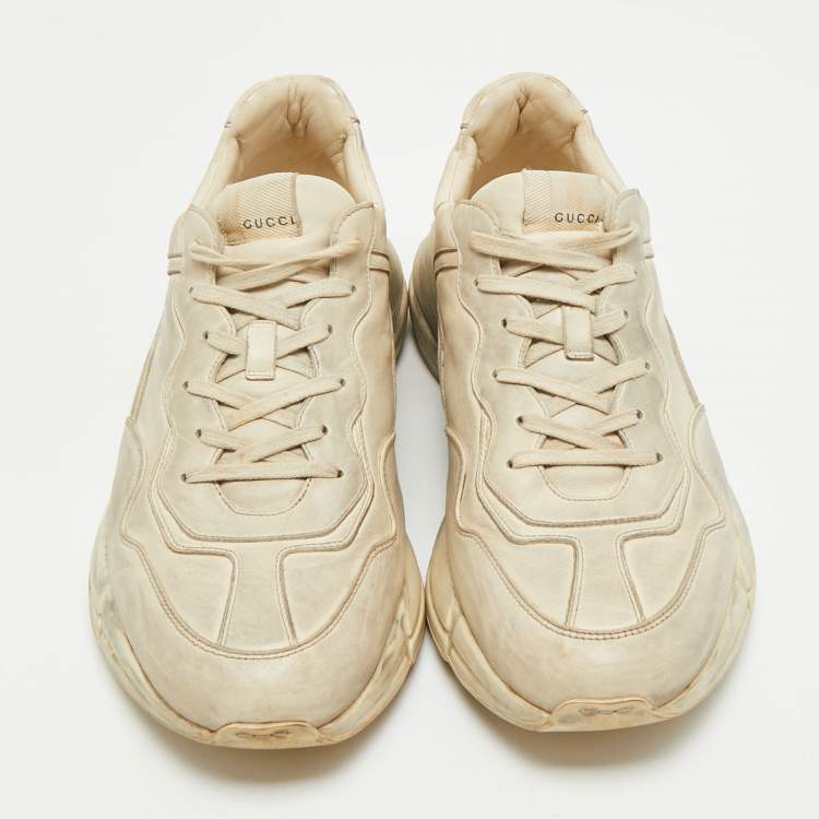 Pre Owned Gucci Off White Leather Distressed Rhyton Sneakers Size 46.5