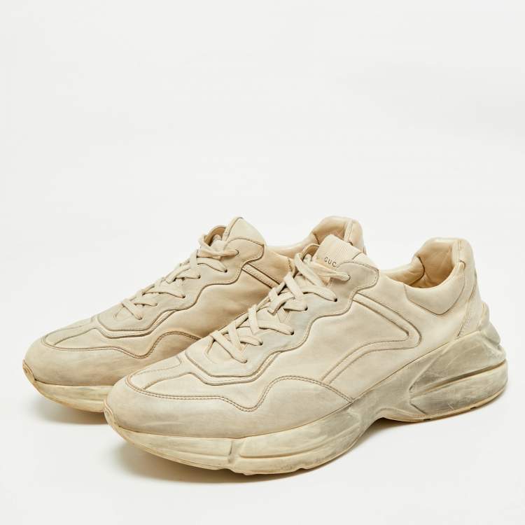 Pre Owned Gucci Off White Leather Distressed Rhyton Sneakers Size 46.5