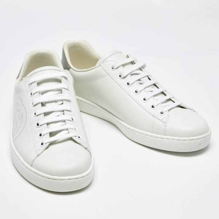 Pre Owned Gucci White Perforated Interlocking G Leather Ace Sneakers Size 42