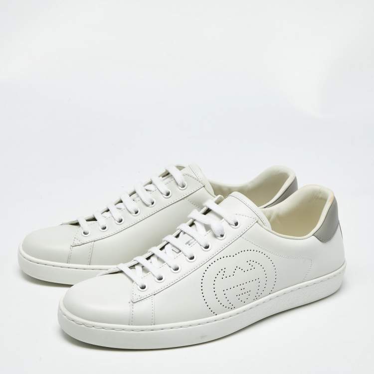 Pre Owned Gucci White Perforated Interlocking G Leather Ace Sneakers Size 42