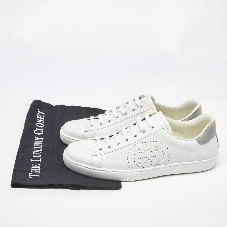 Pre Owned Gucci White Perforated Interlocking G Leather Ace Sneakers Size 42