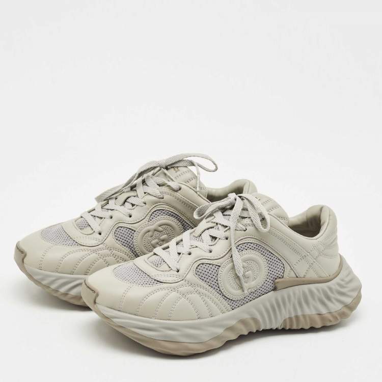 Pre Owned Gucci Dark Grey/Cream Leather  Ripple Interlocking G Low Top Sneakers Size 41.5