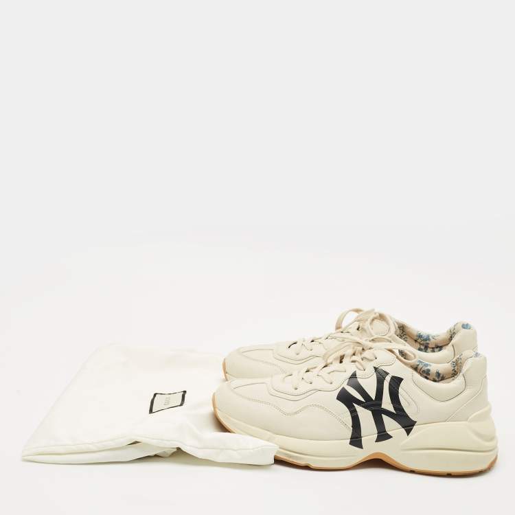 Pre Owned Gucci Mystic Cream Leather NY Yankees Rhyton Low Top Sneakers Size 44