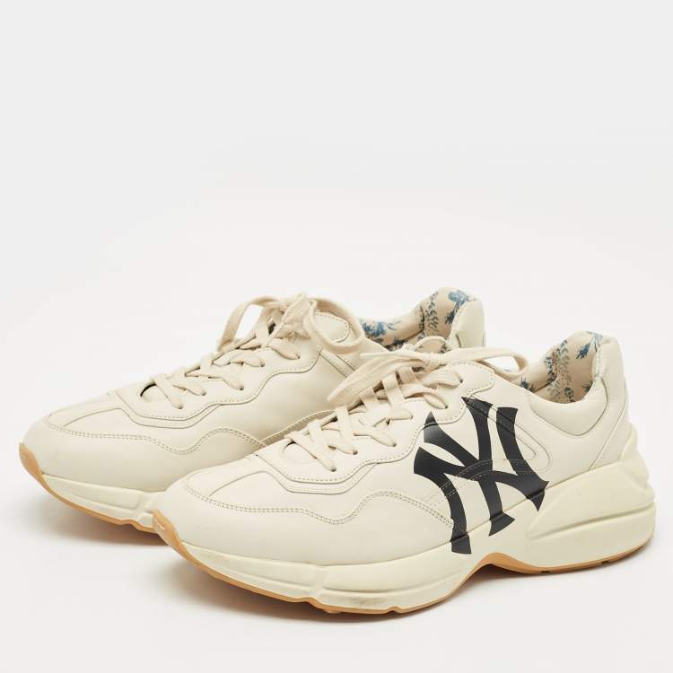 Pre Owned Gucci Mystic Cream Leather NY Yankees Rhyton Low Top Sneakers Size 44