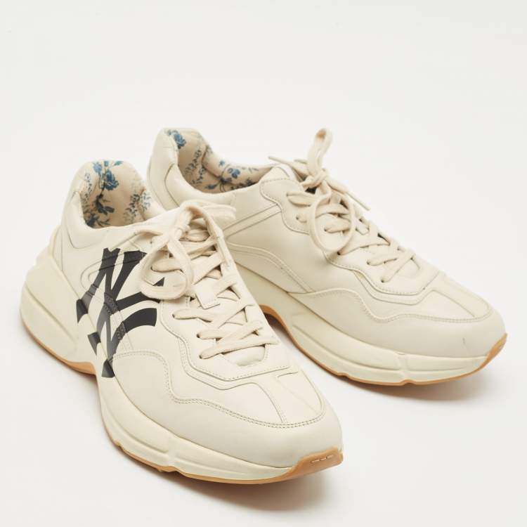 Pre Owned Gucci Mystic Cream Leather NY Yankees Rhyton Low Top Sneakers Size 44