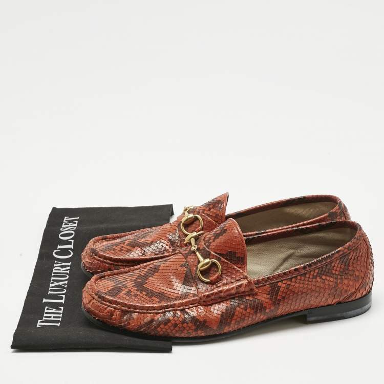 Pre Owned Gucci Orange/Brown Python Horsebit Slip On Loafers Size 42.5 