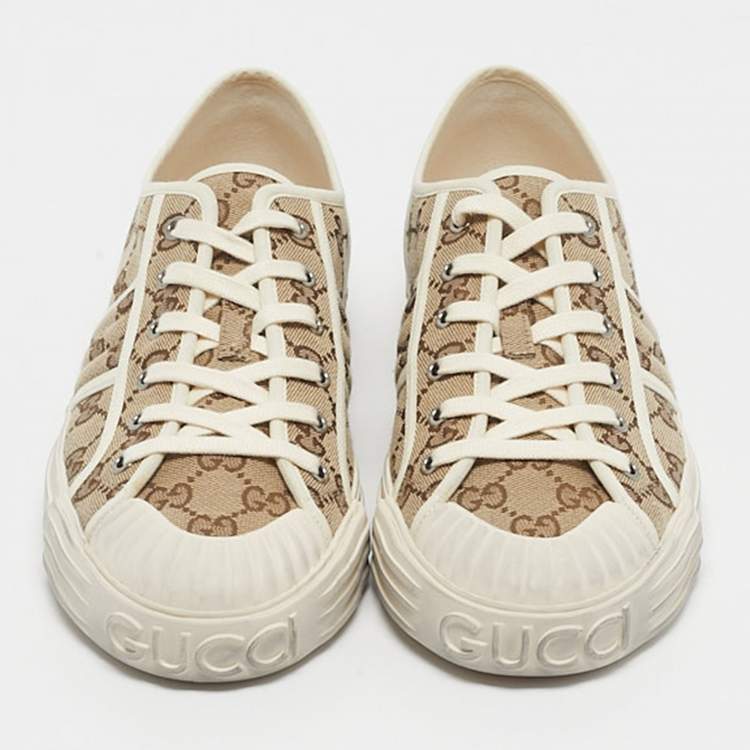 Pre Owned Gucci Brown/Cream Canvas and Leather Chunky B Low Top Sneakers Size 43