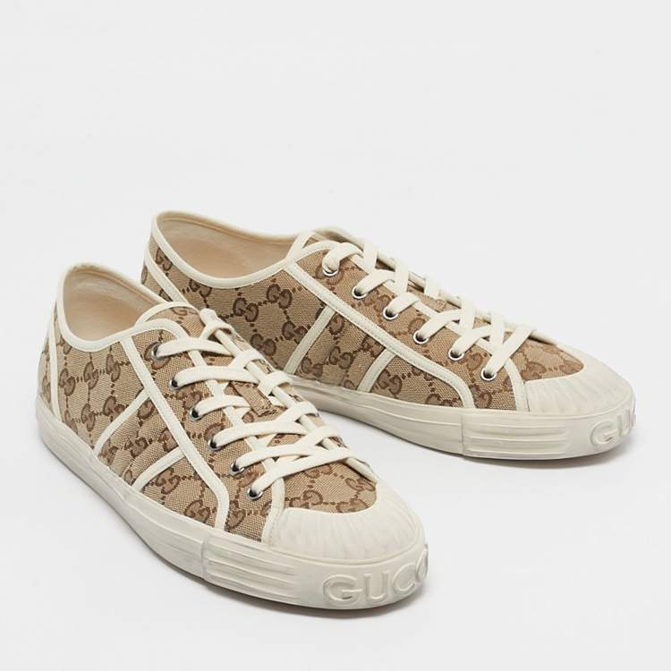 Pre Owned Gucci Brown/Cream Canvas and Leather Chunky B Low Top Sneakers Size 43