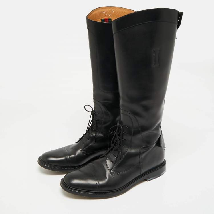Pre Owned Gucci Black Leather Knee Length Rider Boots Size 42.5