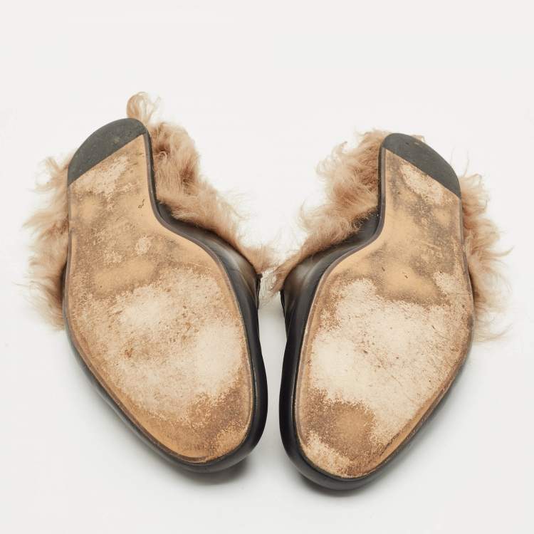 Pre Owned Gucci Black Leather and Fur Princetown Flat Mules Size 43