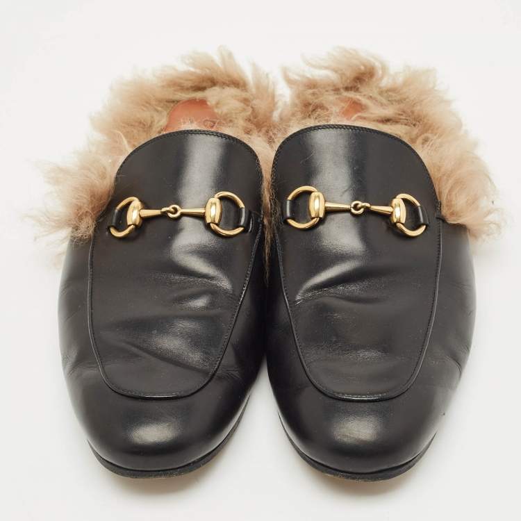Pre Owned Gucci Black Leather and Fur Princetown Flat Mules Size 43