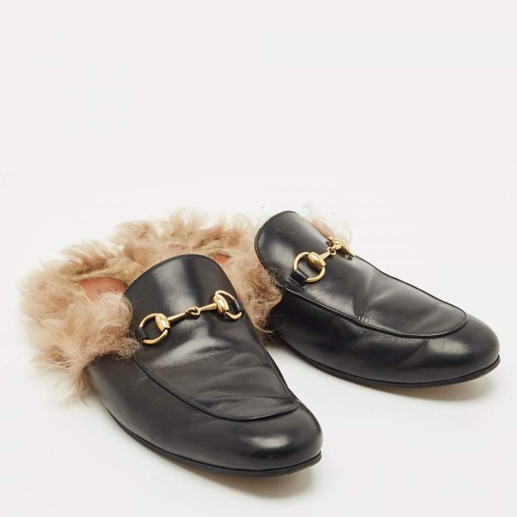 Pre Owned Gucci Black Leather and Fur Princetown Flat Mules Size 43