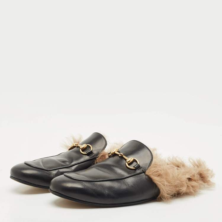 Pre Owned Gucci Black Leather and Fur Princetown Flat Mules Size 43