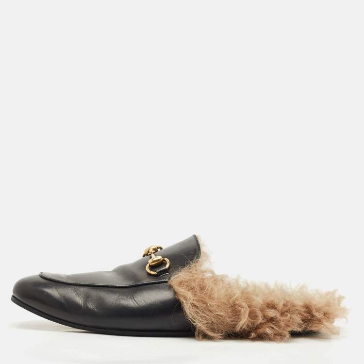 Pre Owned Gucci Black Leather and Fur Princetown Flat Mules Size 43