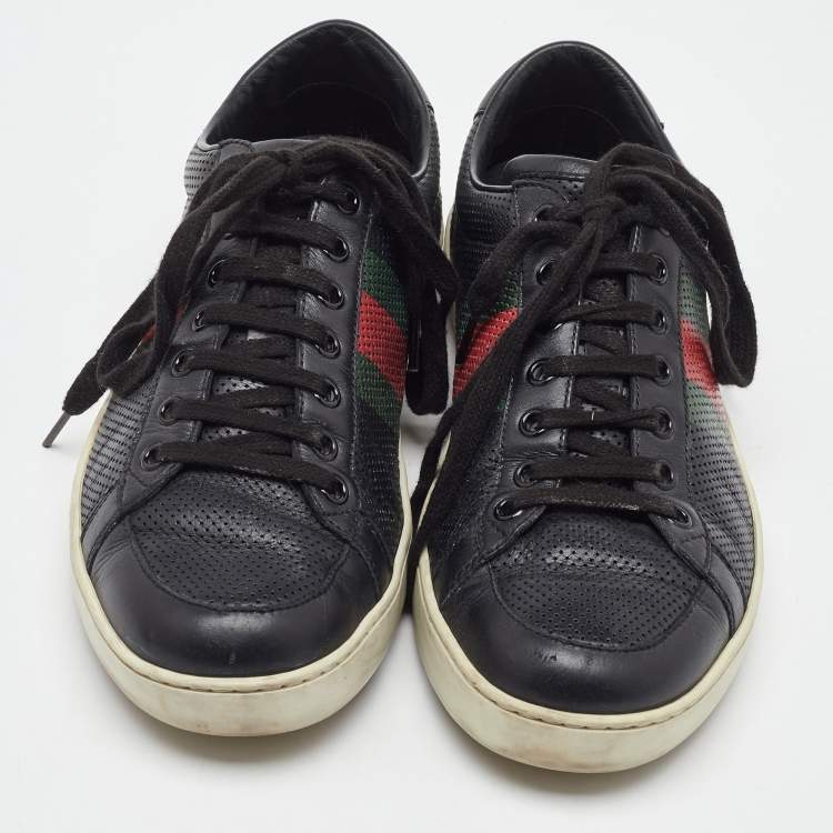 Pre Owned Gucci Black Perforated Leather Web Detail Low Top Sneakers Size 40