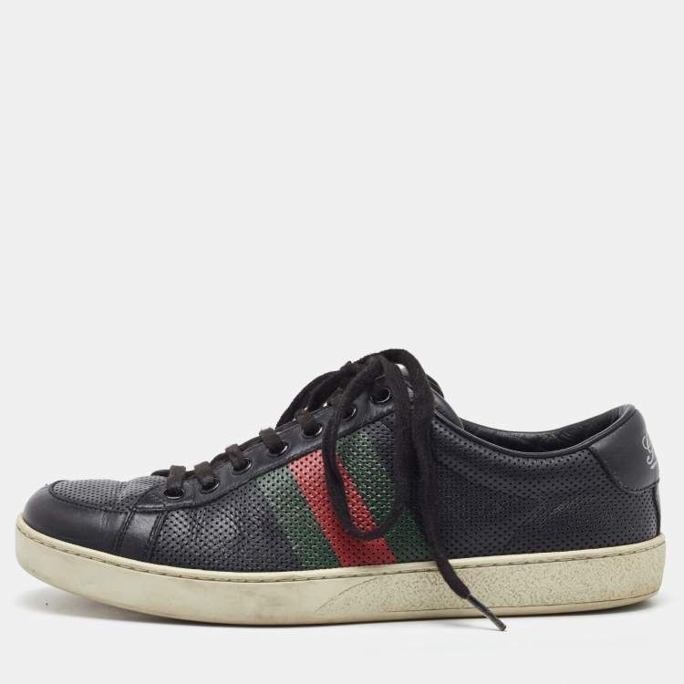 Pre Owned Gucci Black Perforated Leather Web Detail Low Top Sneakers Size 40