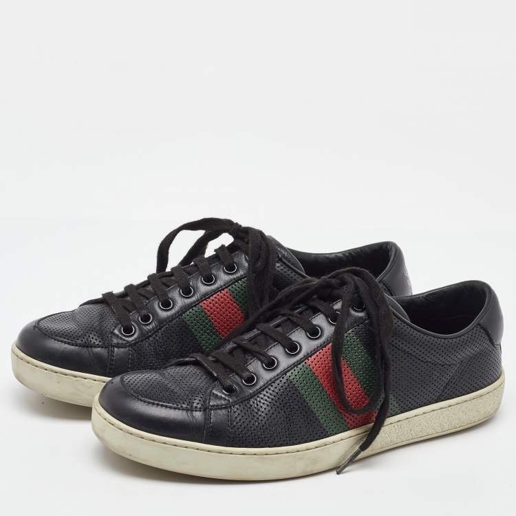 Pre Owned Gucci Black Perforated Leather Web Detail Low Top Sneakers Size 40